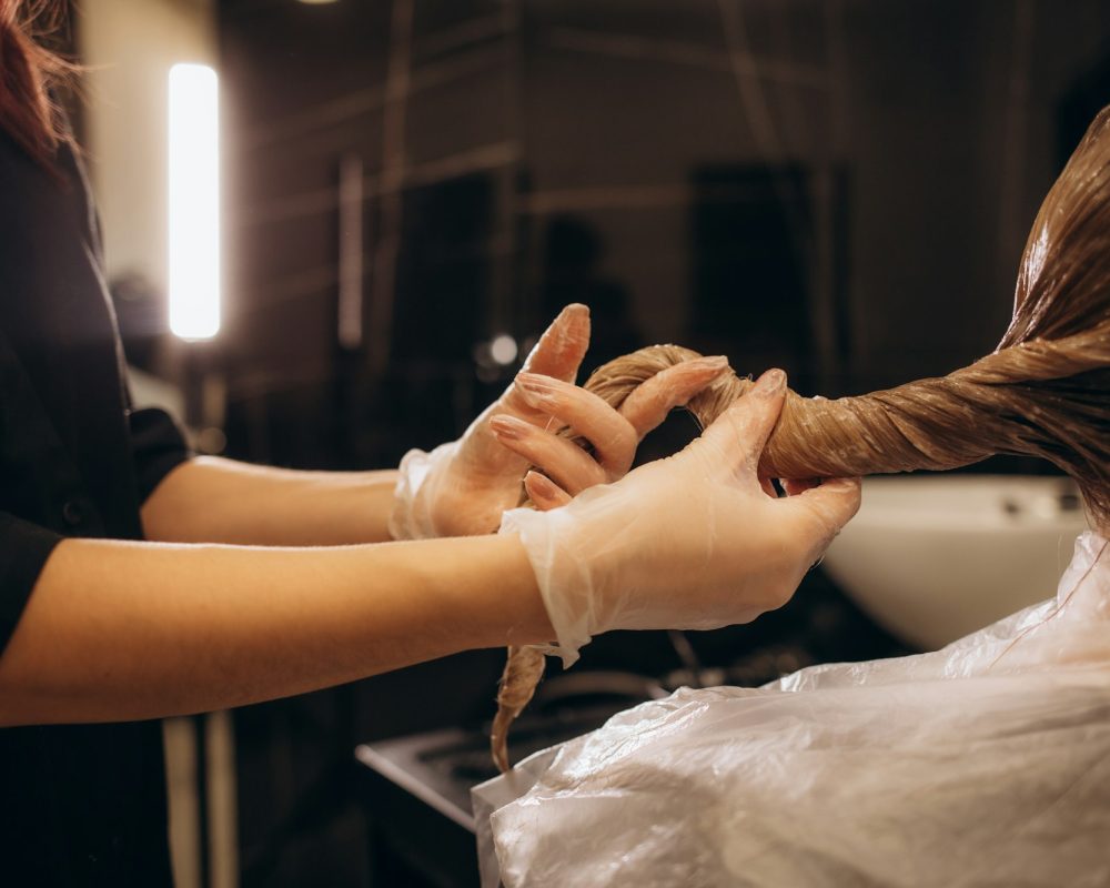 Hair coloring in the salon, hair styling. Professional wizard paints the hair in the salon.